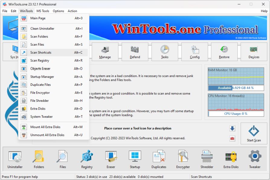 WinTools.one Scan Shortcuts